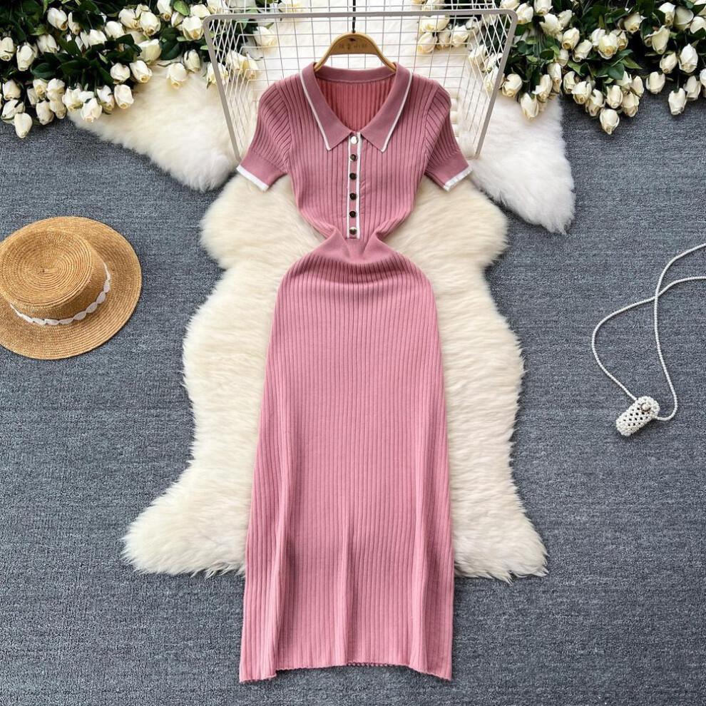 (pink, One Size) New Summer Women&apos;s Polo Knitted Dresses Colorblock Elegant Short Sleeve Buttons Bodycon Wrap Dress Female Dress