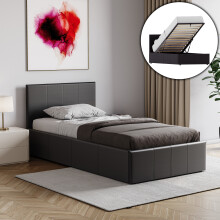 (Single, Black) Lisbon Ottoman Bed Frame Faux Leather Storage UKFR