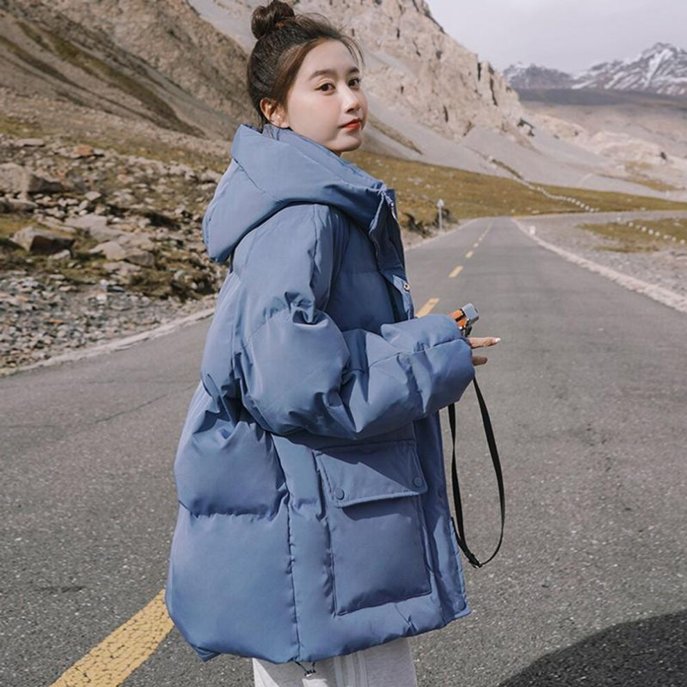 (blue, M) Winter Women Bread Cotton Down Coat With Hooded Oversized Warm Thicken Streetwear Women Jackets