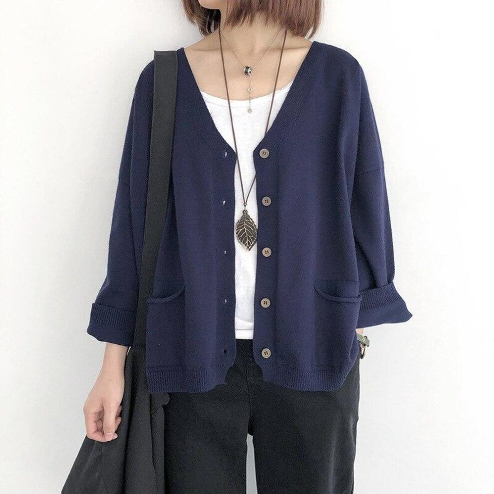 (royal blue, One Size) Johnature Spring Women Cardigan Sweaters Solid Color Loose V-Neck Long Sleeve All Match Pockets Coats