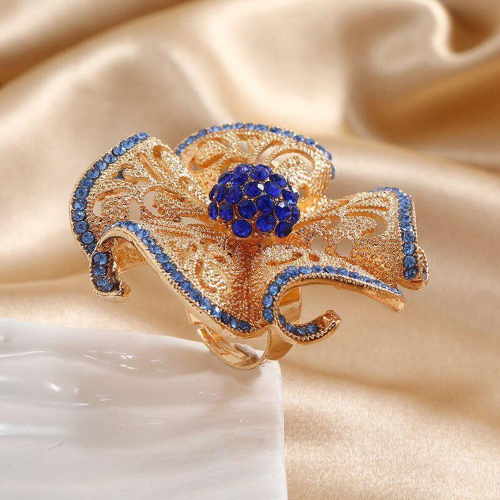 (Blue) Oversize Geometric Hollow Flower Rings For Women Adjustable Big Ring Wedding Accessories Rings Jewelry