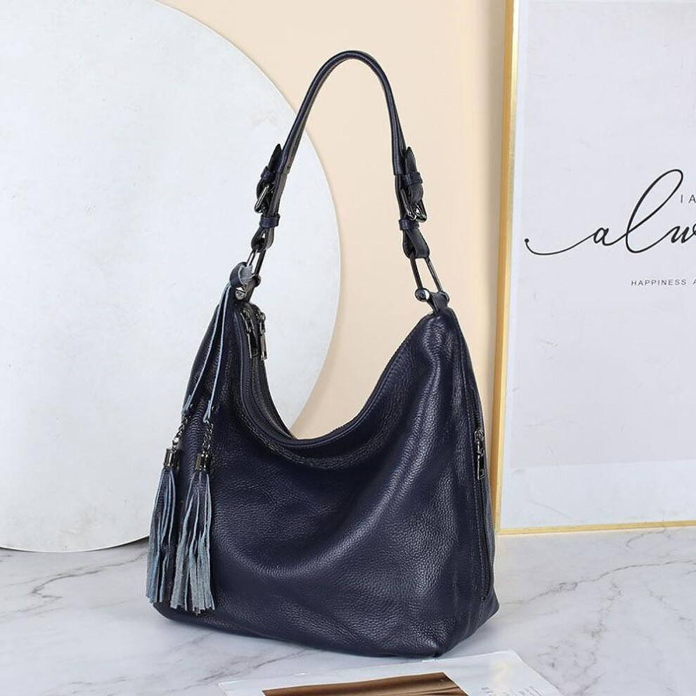 (dark blue) Zency Fashion Women Shoulder Bag 100% Genuine Leather Daily Casual Shopping Hobos Classic Black Tote Handbag Crossbody Bags