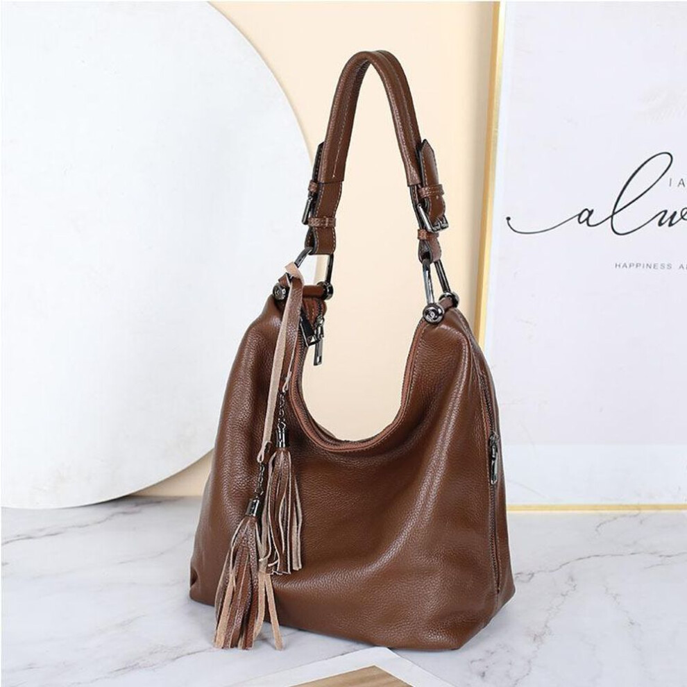 (coffee) Zency Fashion Women Shoulder Bag 100% Genuine Leather Daily Casual Shopping Hobos Classic Black Tote Handbag Crossbody Bags