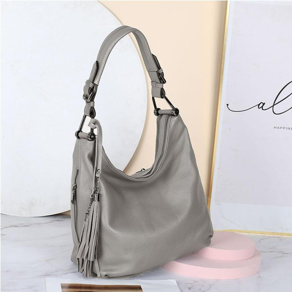 (grey) Zency Fashion Women Shoulder Bag 100% Genuine Leather Daily Casual Shopping Hobos Classic Black Tote Handbag Crossbody Bags