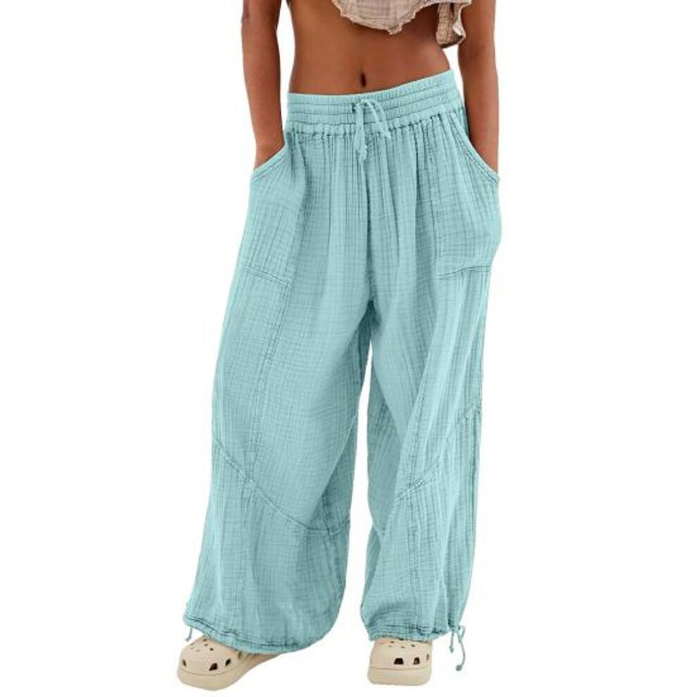 (light blue, L) Women Pants High Elastic Waist Drawstring Wide Leg Loose Deep Crotch Pleated Ankle-banded Pockets Solid Color Soft Lady Casual Trousers
