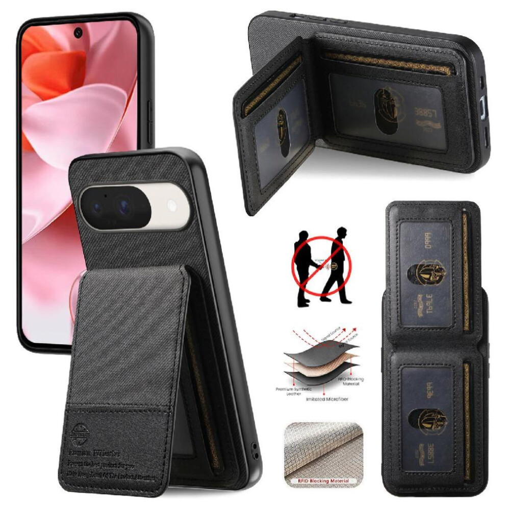 (Black) Case For Google Pixel 9 Shockproof Rfid Blocking Leather Case Wallet Black 764563549948
