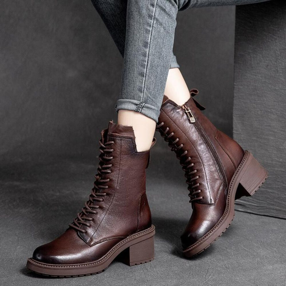 (brown, 37) Johnature Winter Boots Genuine Leather Women Shoes Plush Warm Round Toe Handmade Zip Leisure Sewing Platform Boots