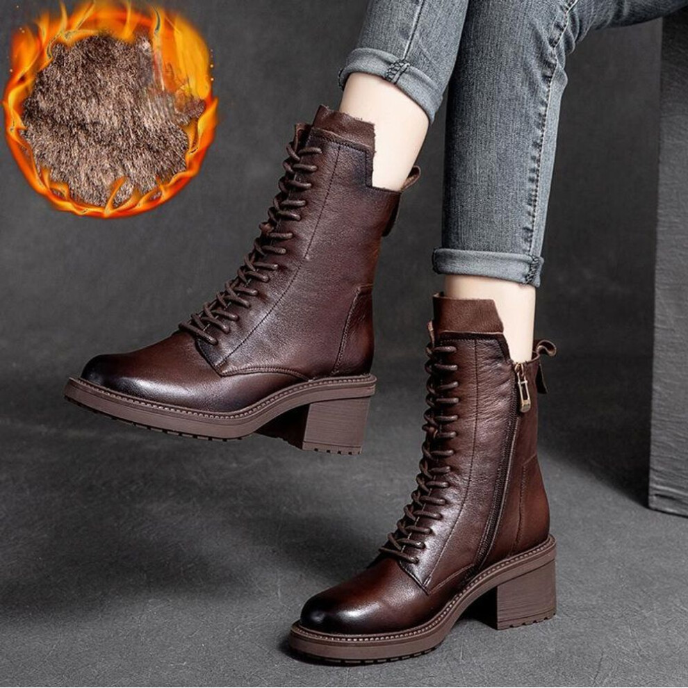 (brown, 37-Plush) Johnature Winter Boots Genuine Leather Women Shoes Plush Warm Round Toe Handmade Zip Leisure Sewing Platform Boots
