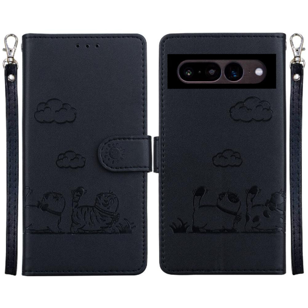 (Black) Flip Case For Google Pixel 7 Cat Rfid Card Slot Holder Kickstand Leather Wallet Black 764563554126