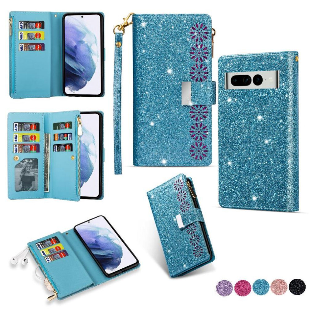 (Light ) Glitter Wallet Case For Google Pixel 7 Wrist Strap Kickstand Magnetic Zipper Pocket Wallet Case Card Holder Blue 764563554737