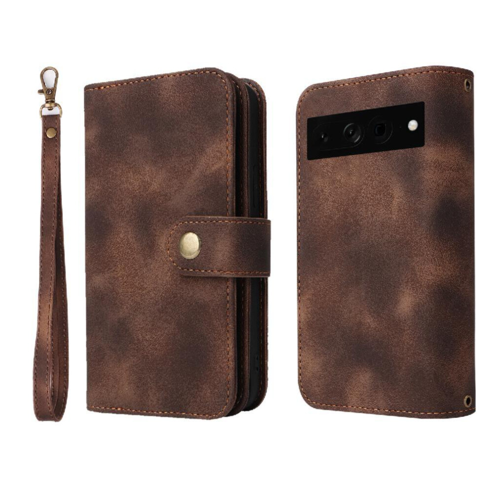 (Brown) Flip Case For Google Pixel 7 Pro Flip Wrist Strap Shockproof Card Slots Multifunctional Wallet Brown 764563554935