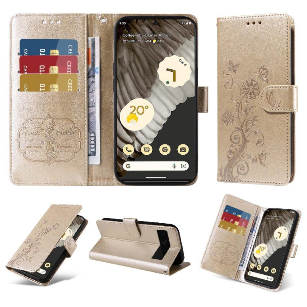 (Gold) Flip Case For Google Pixel 7 Pro Flower Flip Cardslots Leather Gold 764563555321