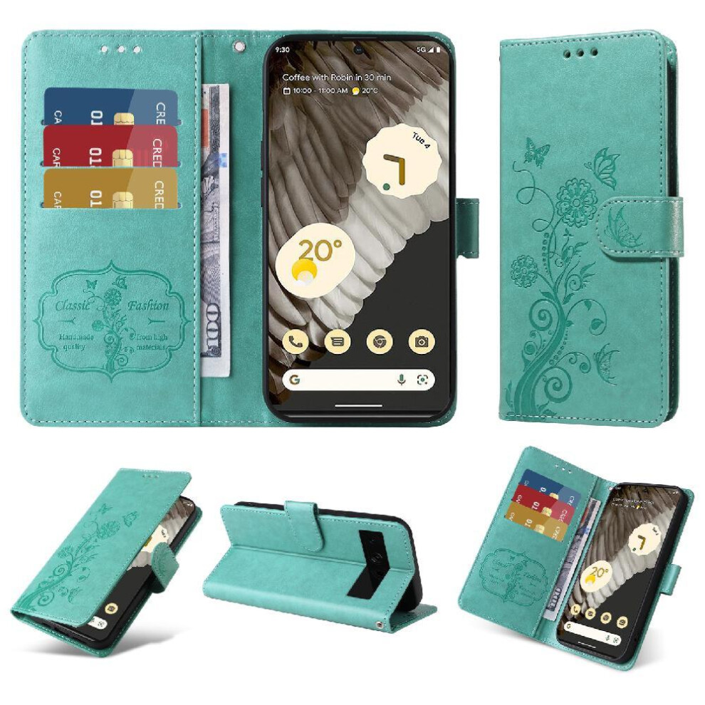 (Green) Flip Case For Google Pixel 7 Pro Flower Flip Cardslots Leather Green 764563555307