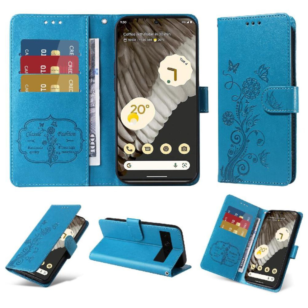 (Blue) Flip Case For Google Pixel 7 Pro Flower Flip Cardslots Leather Blue 764563555314