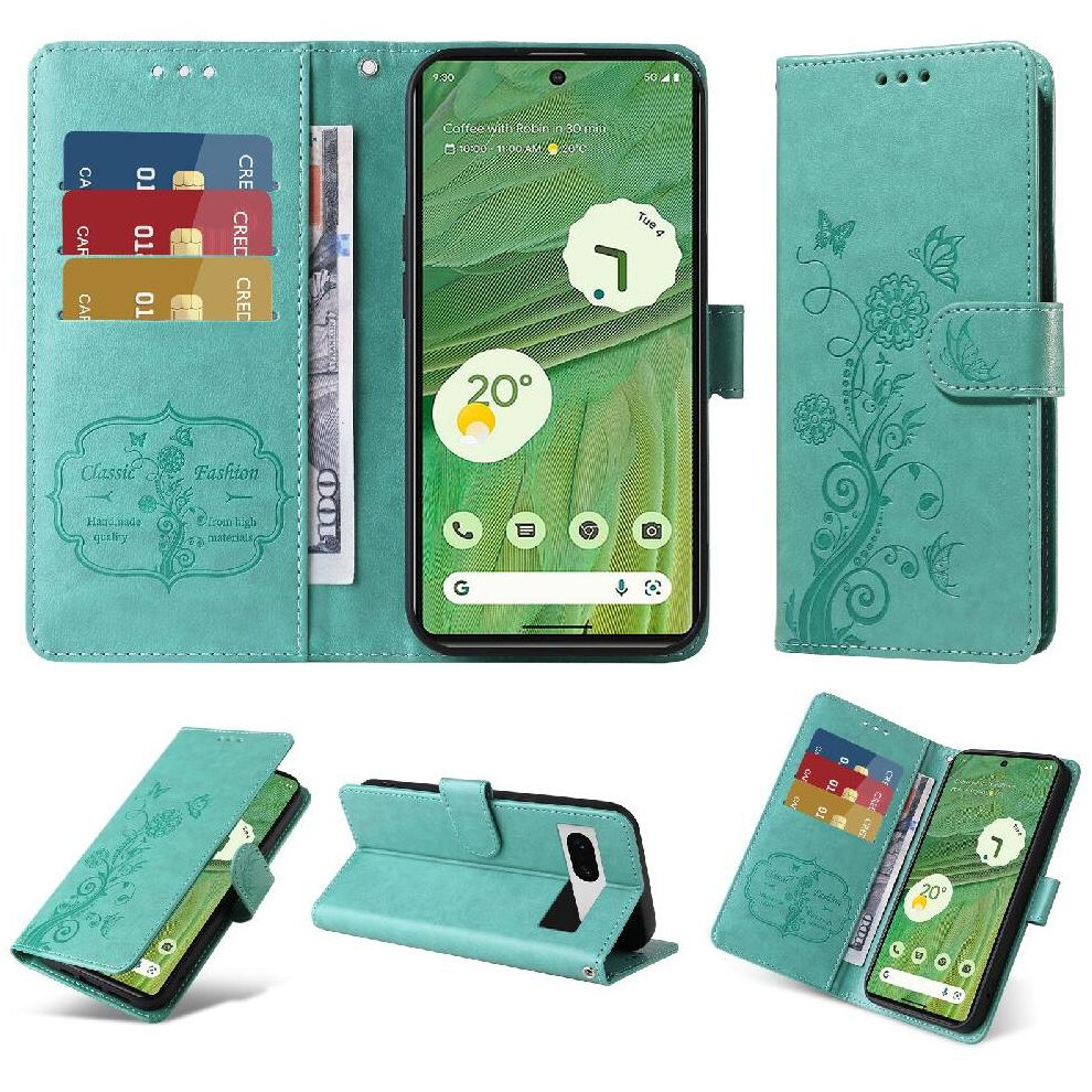 (Green) Flip Case For Google Pixel 7 Leather Flower Cardslots Flip Green 764563555352