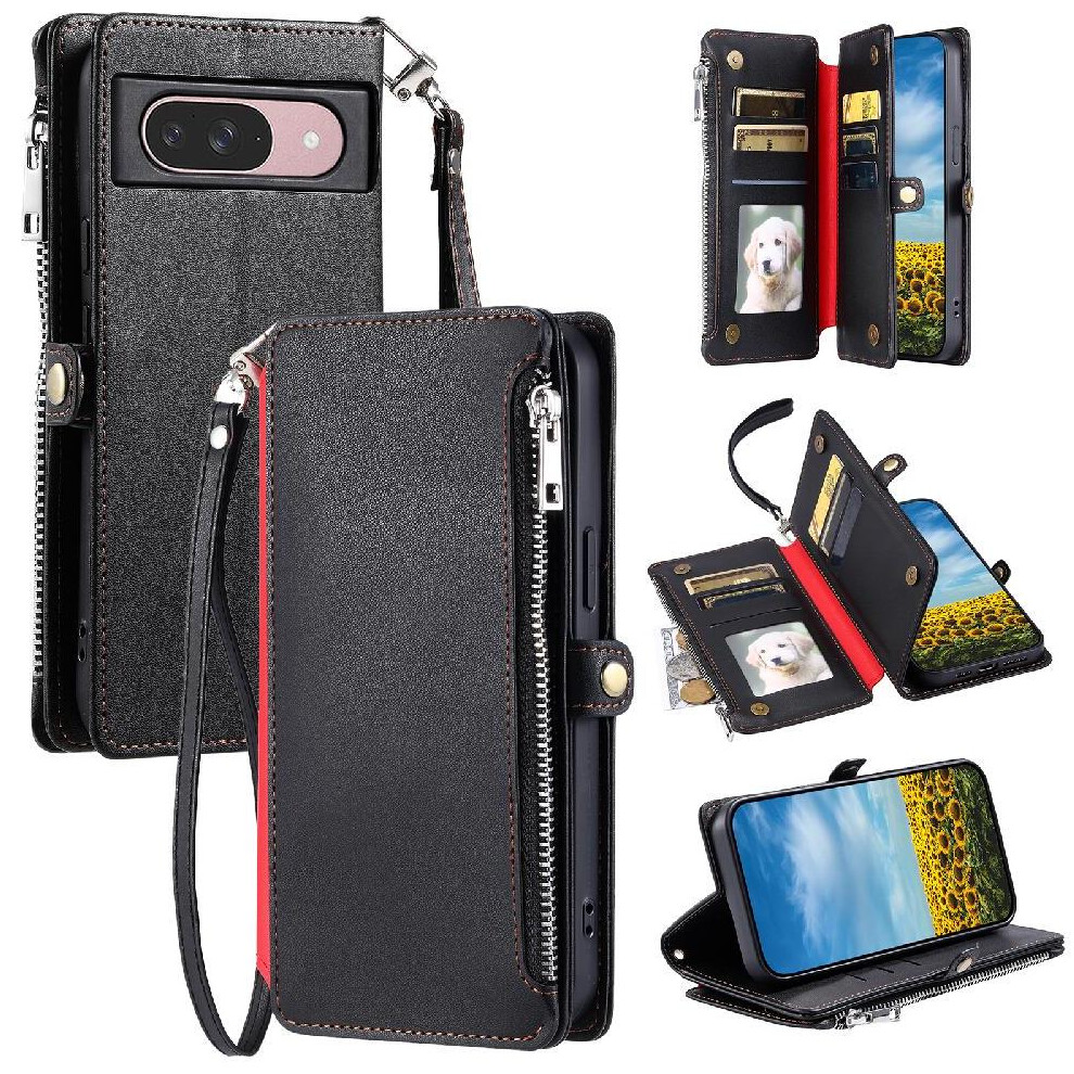 (Black) Crossbody Case For Google Pixel 7 Rfid Blocking Case Wallet Long Lanyard 9 Card Slots Zipper Bills Slot Black 764563555772