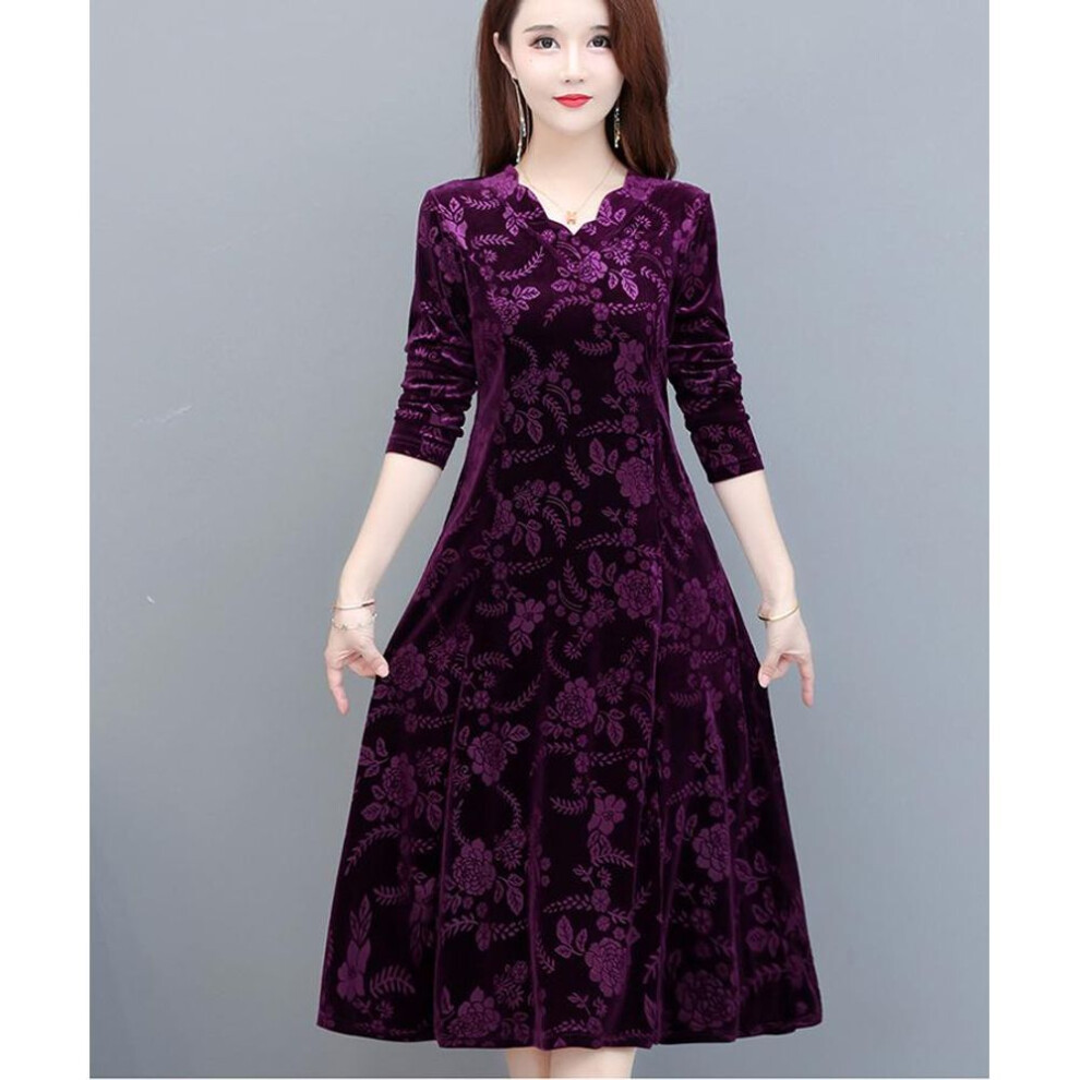 (purple, XXL) Mother Plus Size Autumn Velvet Dress Mid-length Slim Long-sleeved Middle-aged and Elderly Women