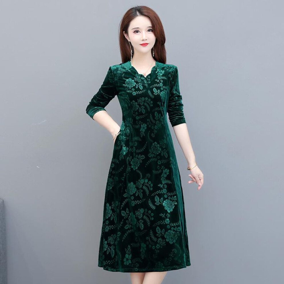 (olive green black, 5XL) Mother Plus Size Autumn Velvet Dress Mid-length Slim Long-sleeved Middle-aged and Elderly Women