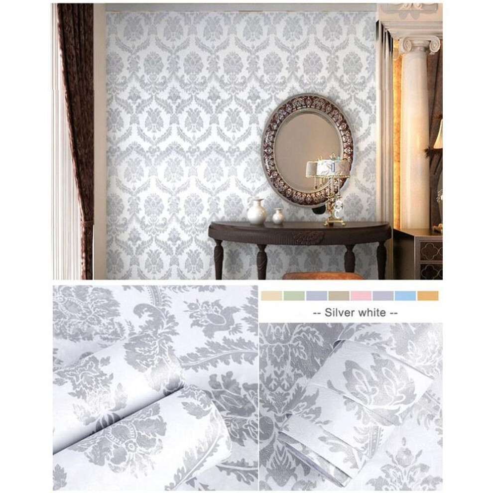 (as the picture, Silver+white 60cm*3m) 300cmx60cm Self adhesive PVC Waterproof Wallpaper Wall Stickers Floral Home Decor Living Room Bedroom