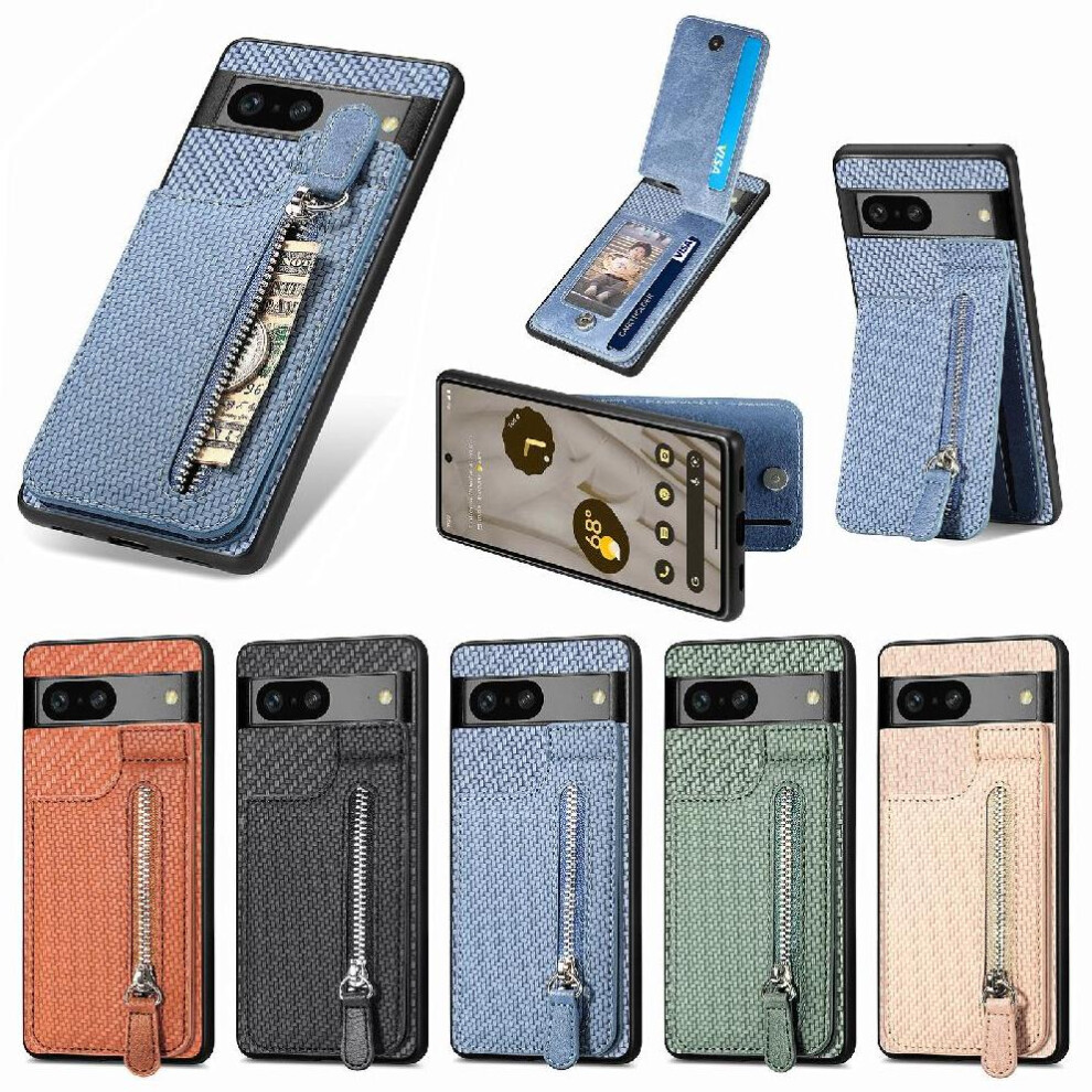 (Blue) Case For Google Pixel 7 Stand Crad Slot Wallet Magnetic Car Mount Zipper Blue 764563556922