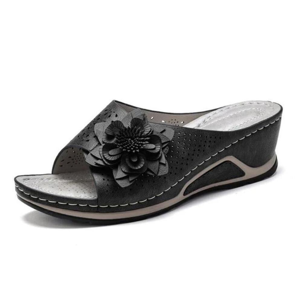 (black, 43) Wedges Slip-on PU Black Fashion Womens Platform Sandals Shoes for Women Sandalilas Woman Flat Shoes Summer Casual