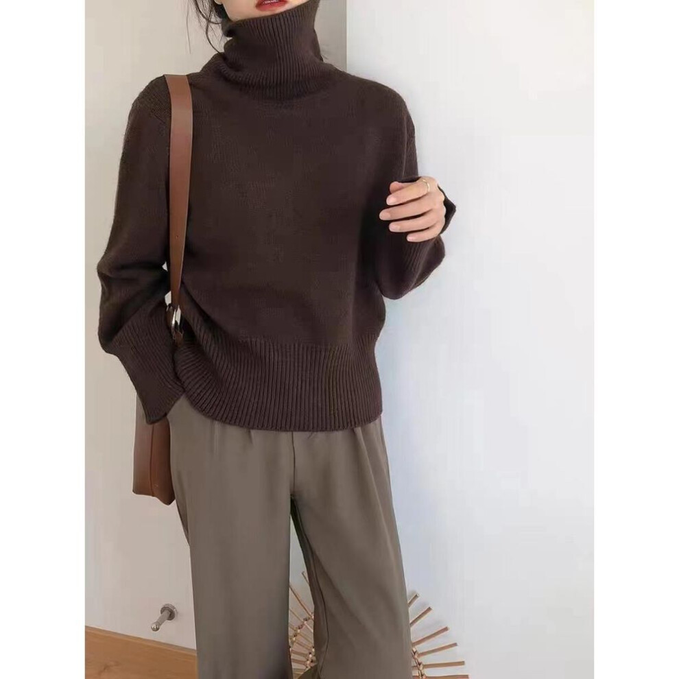 (dark brown, OneSize) Japanses Style Women&apos;s Winter High Collar Turtleneck Loose Knitwear Knitted Sweater Pullovers Blouse Korean Autumn Clothes