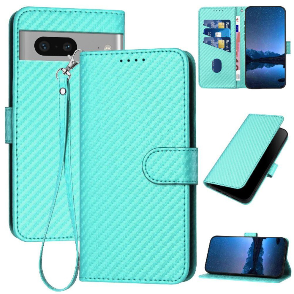 (Green) Flip Case For Google Pixel 7 Premium Leather Carbon Fiber Surface With Card Slot And Kickstand With Detachable Hand Strap Green 764563557448