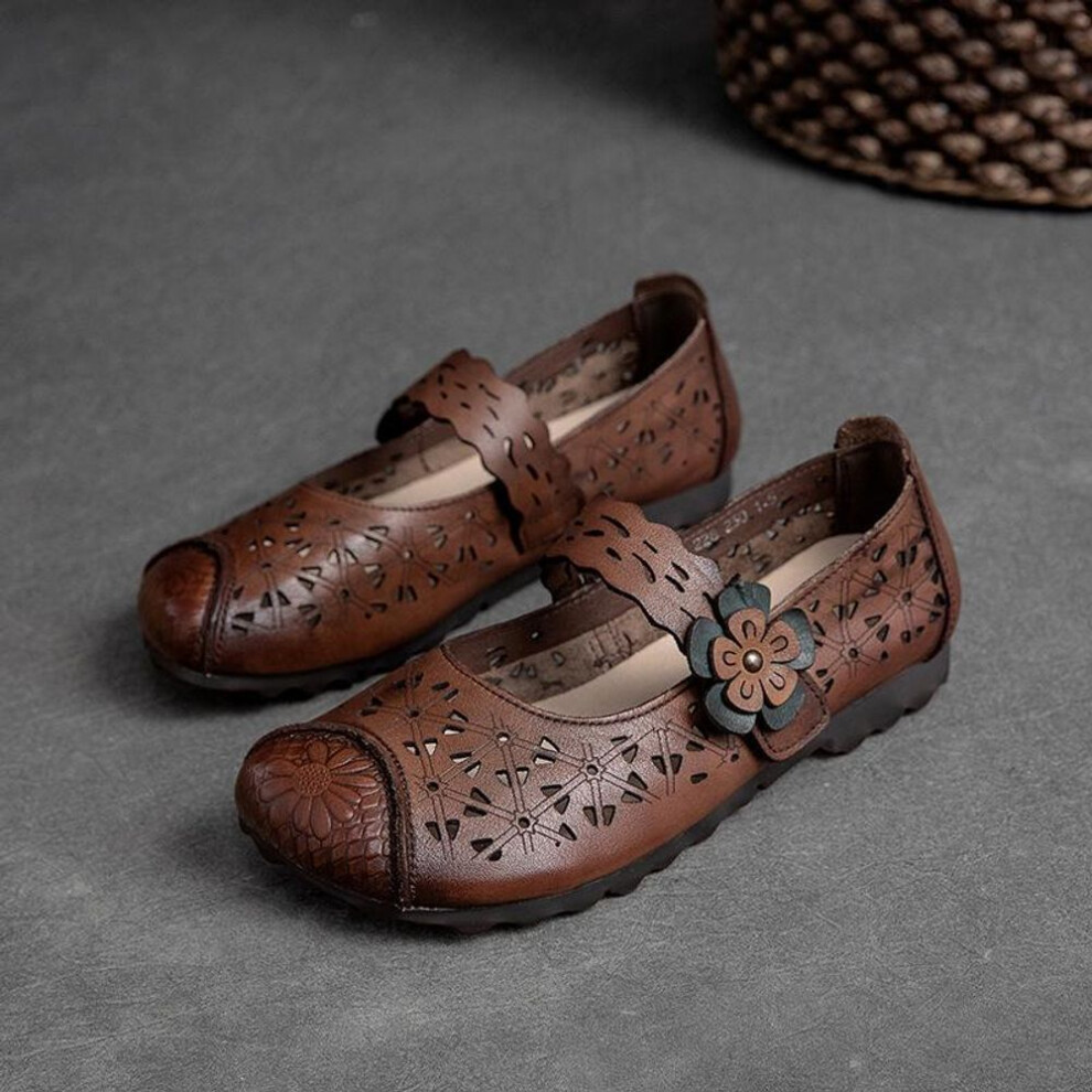 (dark brown, 35) Johnature Flat Bottom Hollow Sandals Genuine Leather Retro Versatile Soft Sole Women&apos;s Shoes