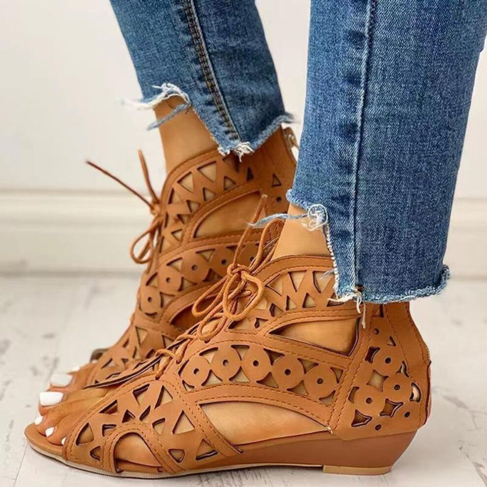 (brown, 39) Women&apos;s Peep Toe Sandals Summer Fashion Wedge Hollow Out Lace-up Party Sandals Beach Shoes