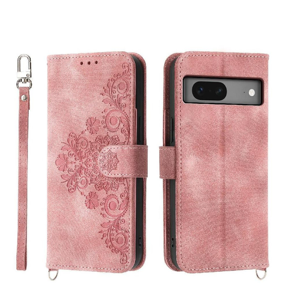 (Pink) Flip Case For Google Pixel 7 Multiple Credit Card Slots Shockproof Embossed Wristband Pink 764563558780