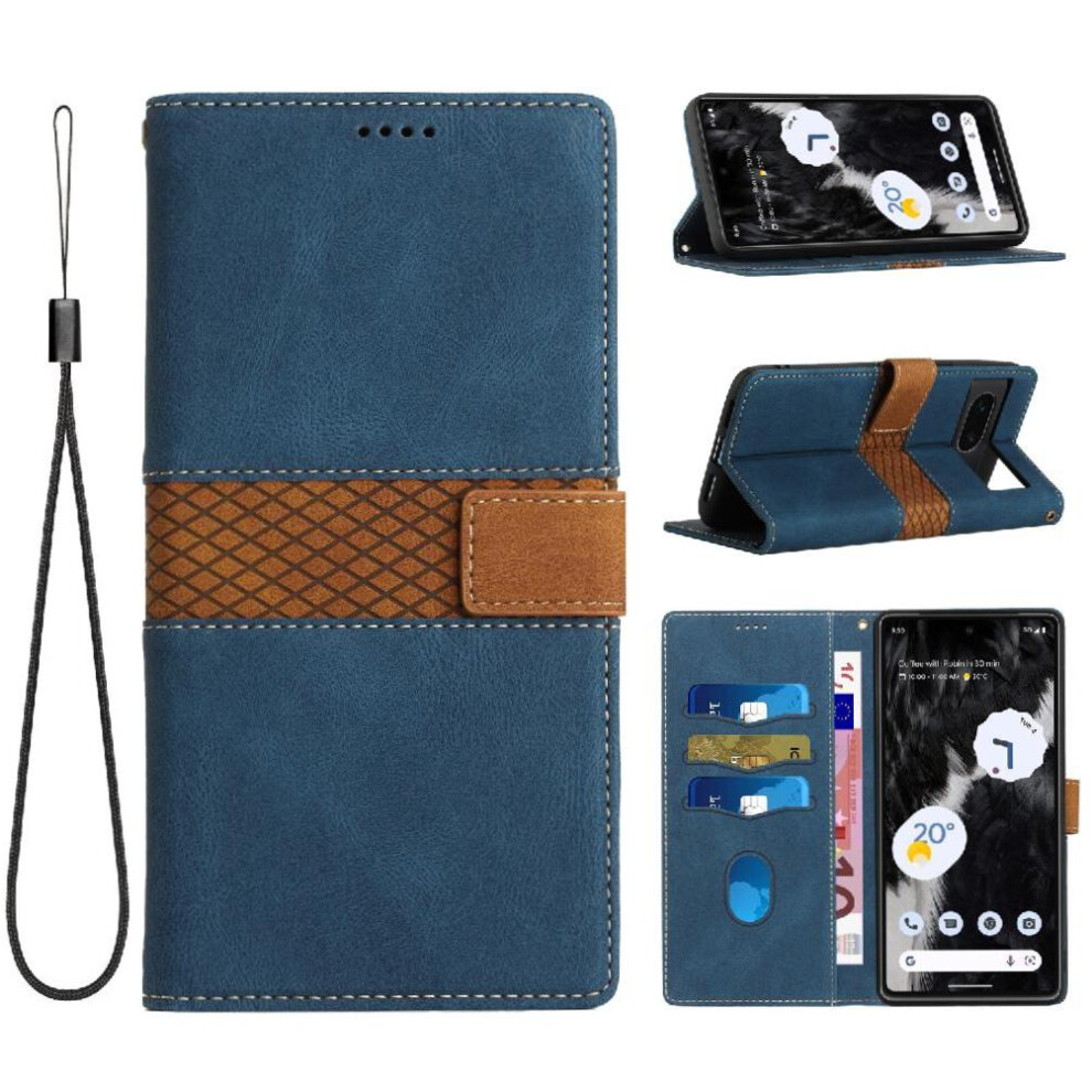 (Blue) Wallet Case For Google Pixel 7 Scratch Resistant Card Slot Wrist Strap Kickstand Magnetic Closure Blue 764563558902