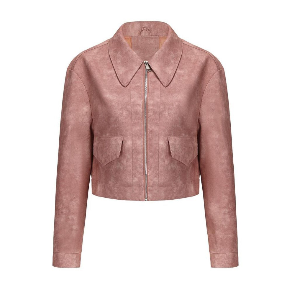 (pink, L) Faux Leather Jackets for Women Thin Crop Top Short Jacket Long Sleeves Lapel Zipper Coat Casual Stylish Outer Wear