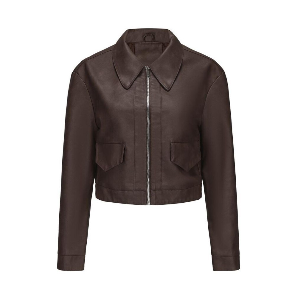 (coffee, M) Faux Leather Jackets for Women Thin Crop Top Short Jacket Long Sleeves Lapel Zipper Coat Casual Stylish Outer Wear