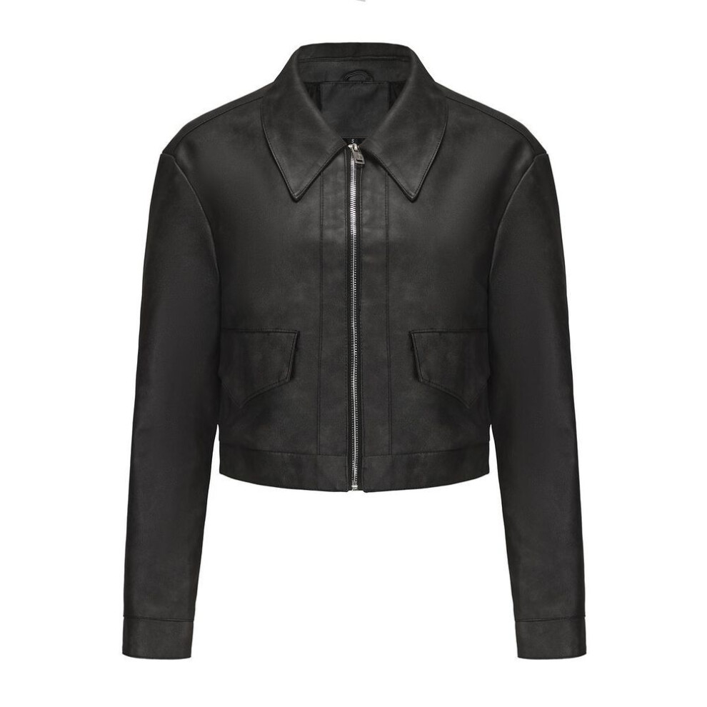 (black, 2XL) Faux Leather Jackets for Women Thin Crop Top Short Jacket Long Sleeves Lapel Zipper Coat Casual Stylish Outer Wear