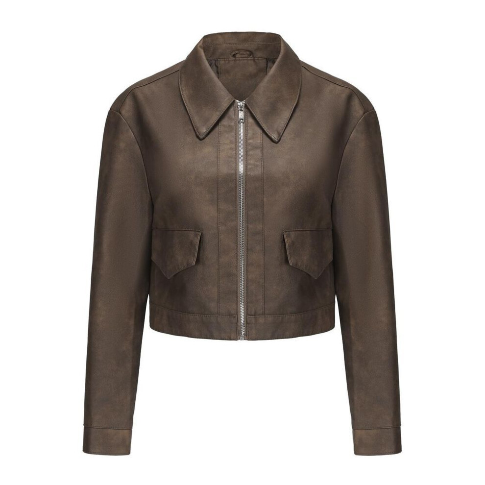 (taupe, 3XL) Faux Leather Jackets for Women Thin Crop Top Short Jacket Long Sleeves Lapel Zipper Coat Casual Stylish Outer Wear
