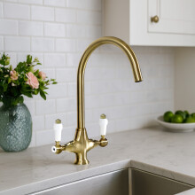 Nes Home Brushed Brass Traditional Twin Lever Kitchen Mixer