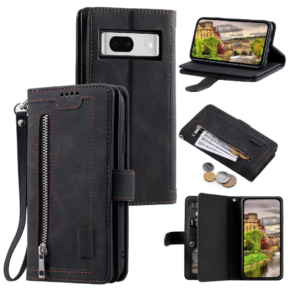 (Black) Flip Case For Google Pixel 7 Pu Leather Lanyard Kickstand Wallet 9 Card Slots Black 764563560028