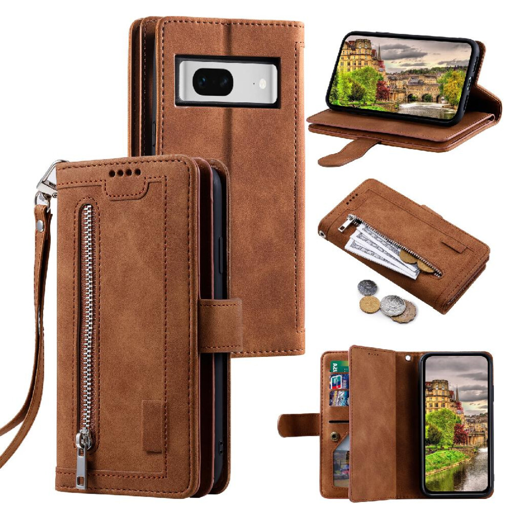 (Brown) Flip Case For Google Pixel 7 Pu Leather Lanyard Kickstand Wallet 9 Card Slots Brown 764563560042