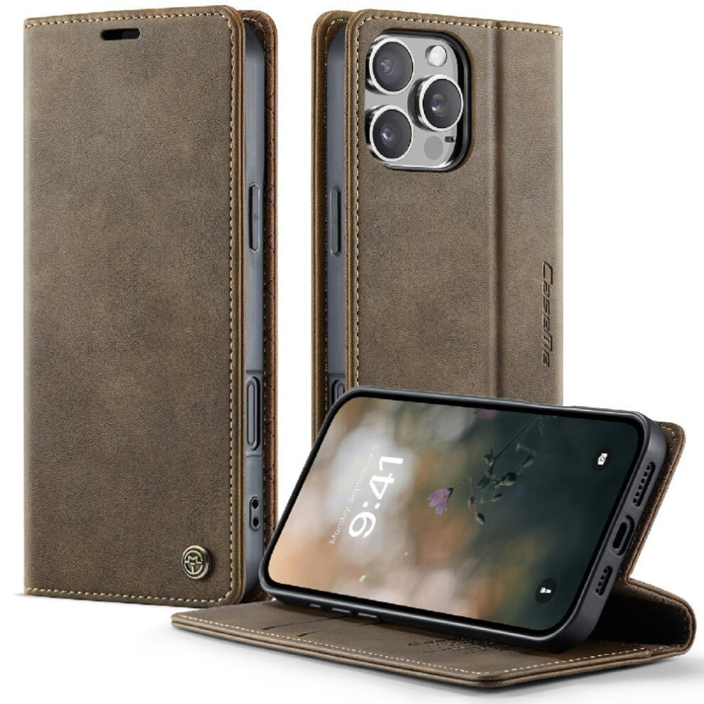 (Brown) Retro Leather Wallet Case For Iphone 16 Pro Adjustable Kickstand Rfid Blocking Shockproof Protection Brown 764563561902