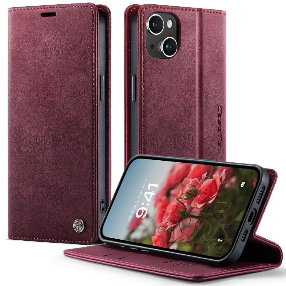(Red) Retro Leather Wallet Case For Iphone 15 Rfid Blocking Shockproof Protection Adjustable Kickstand Red 764563562411