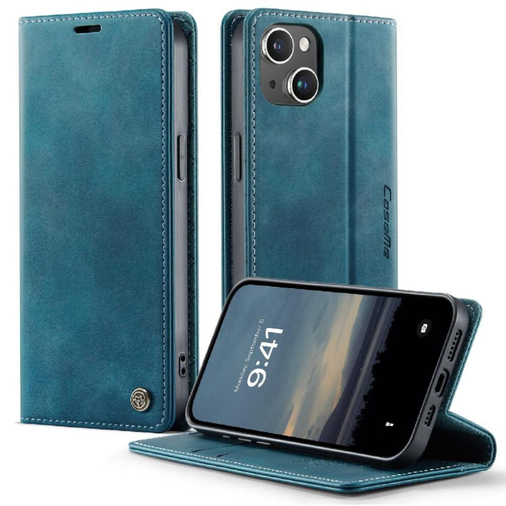 (Blue) Retro Leather Wallet Case For Iphone 14 Rfid Blocking Shockproof Protection Adjustable Kickstand Blue 764563562589