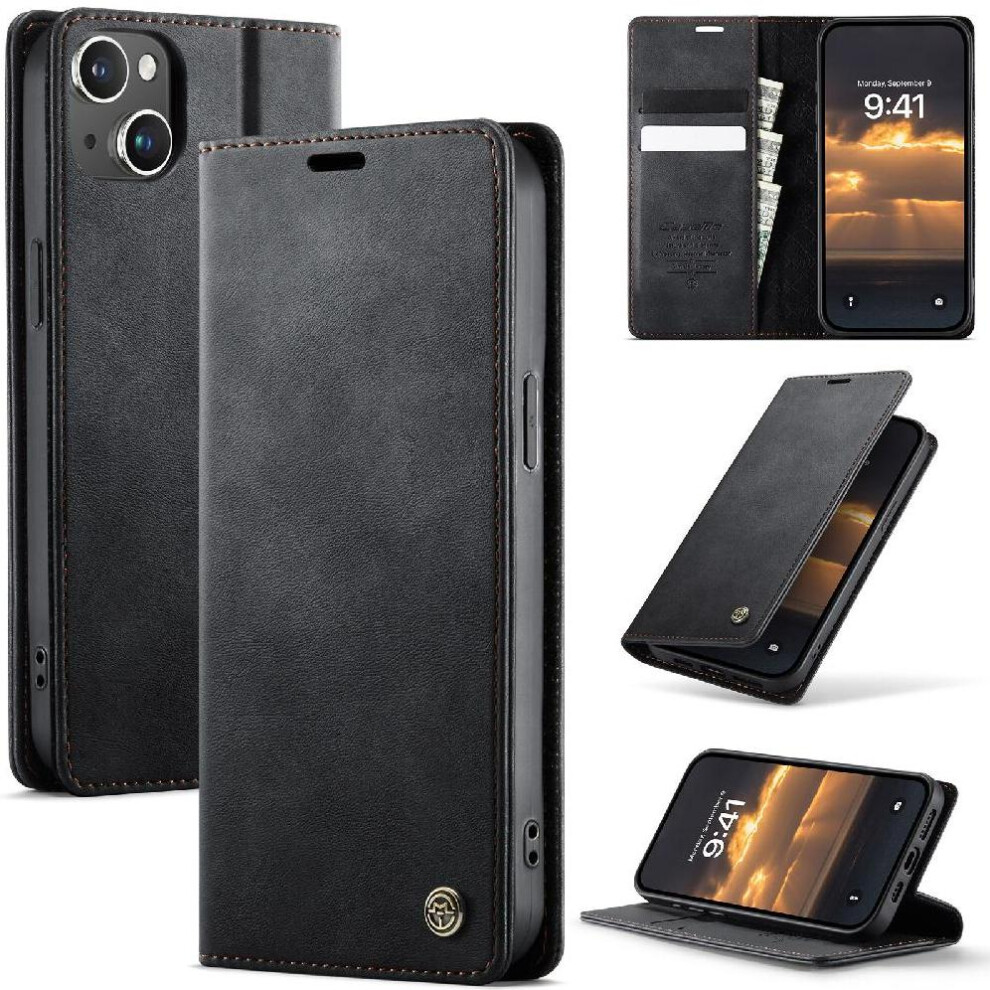 (Black) Retro Leather Wallet Case For Iphone 14 Rfid Blocking Shockproof Protection Adjustable Kickstand Black 764563562596