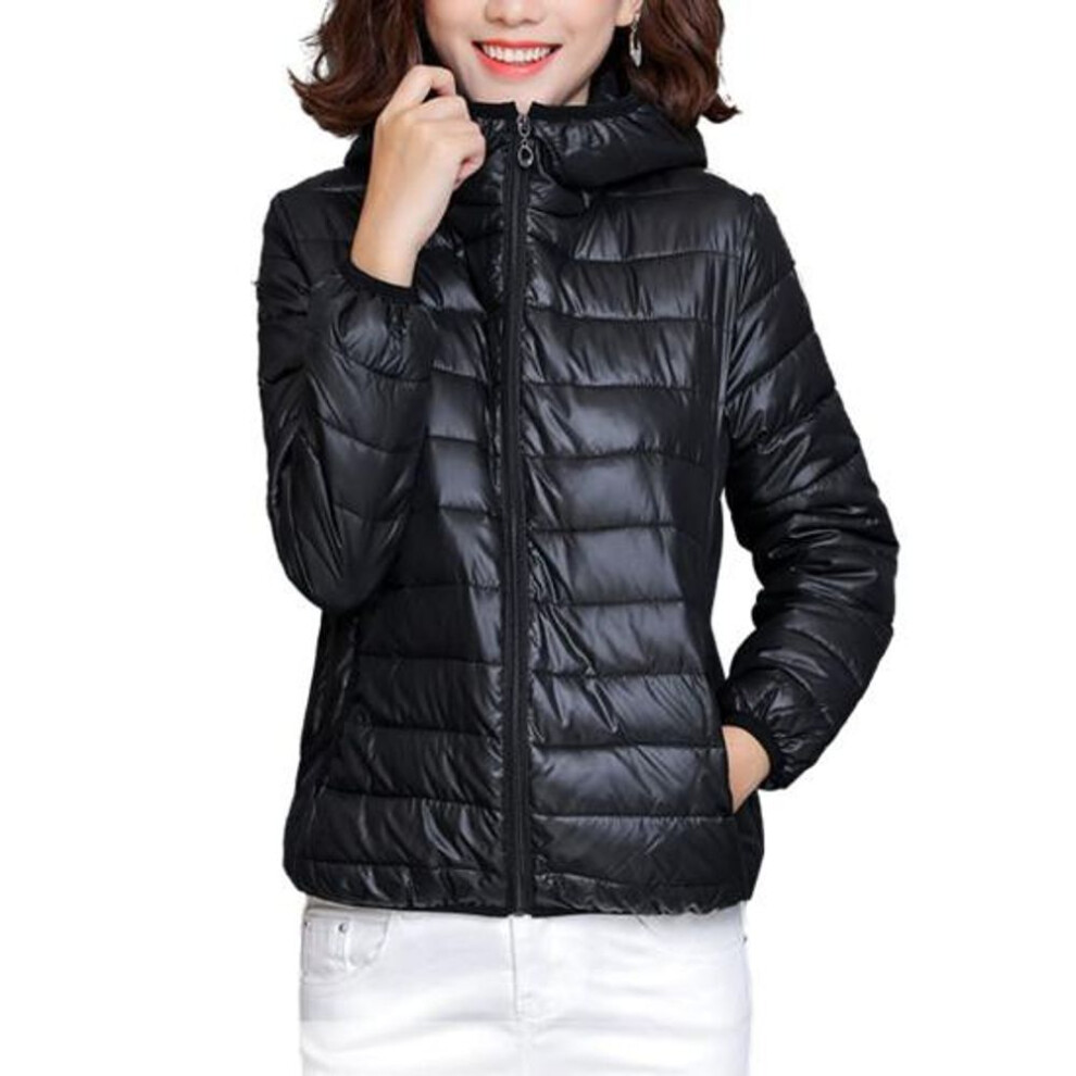 (black, 3XL) Women Fall Winter Coat Padded Hooded Thick Long Sleeve Warm Solid Color Smooth Slim Fit Zipper Closure Pockets Cardigan Lady Cotton Coat Jacket
