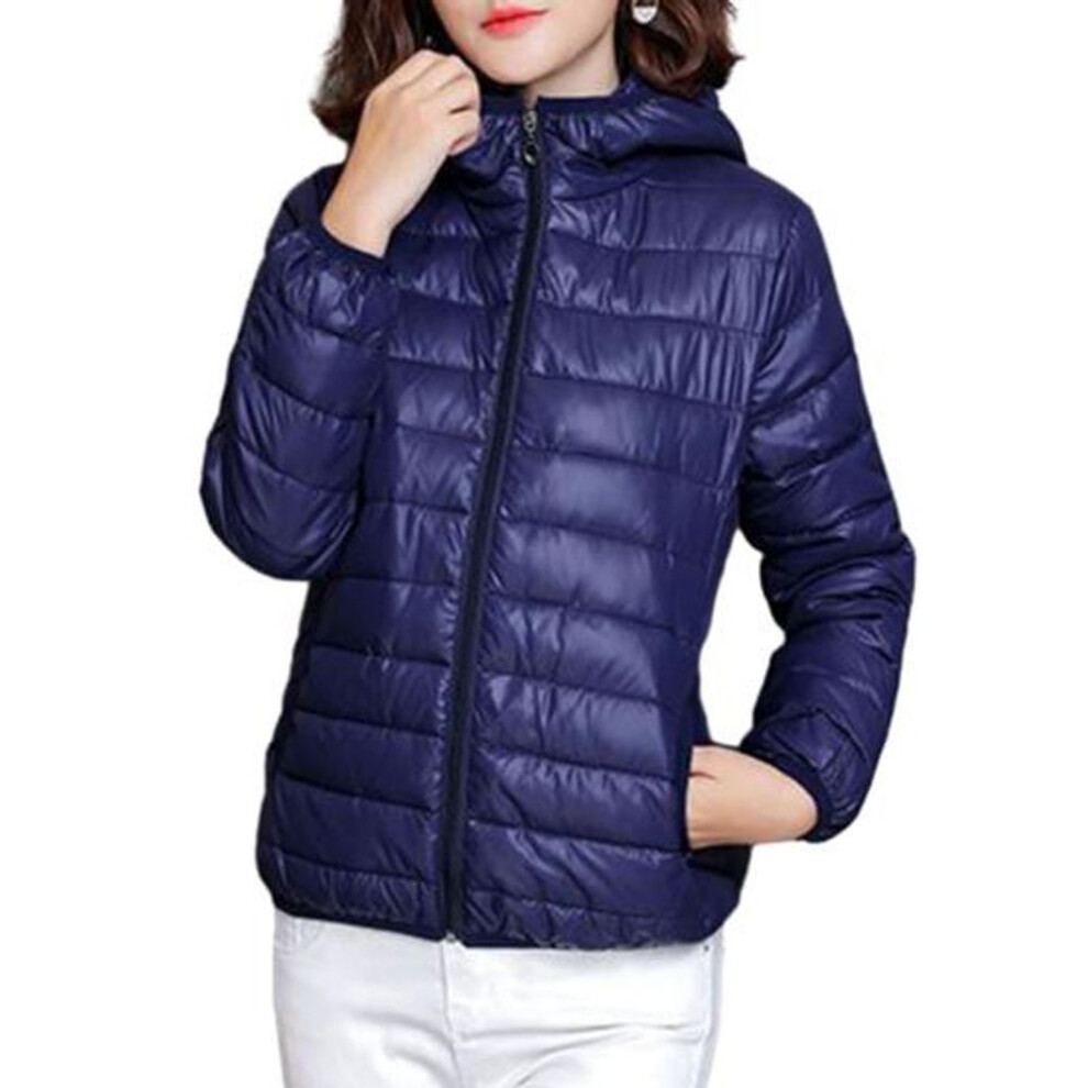 (navy blue, 3XL) Women Fall Winter Coat Padded Hooded Thick Long Sleeve Warm Solid Color Smooth Slim Fit Zipper Closure Pockets Cardigan Lady Cotton Coat Jacket