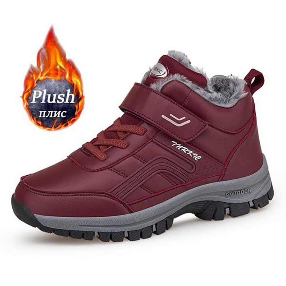 (red, 46) Warm Snow Boots Men Casual Work Shoes Leather or Suede High-top Non-slip Ankle Boots New Waterproof Winter Boots for Men&Women
