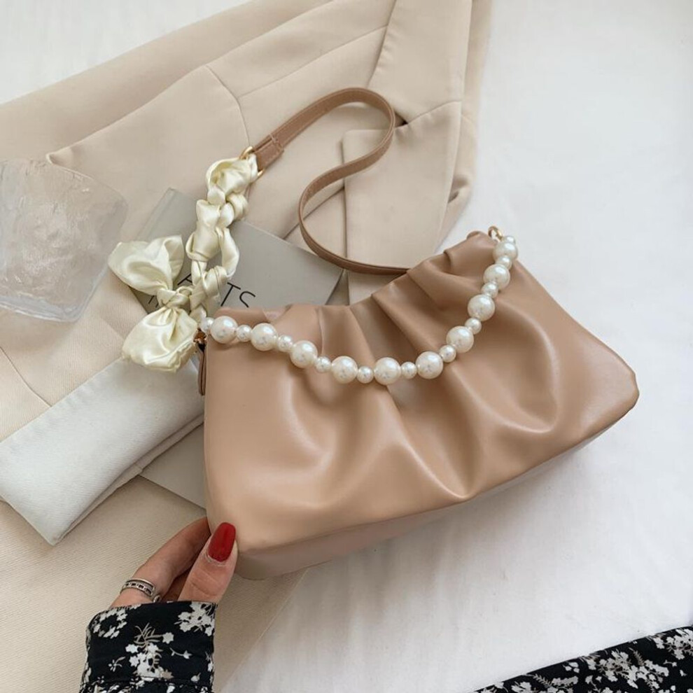 (khaki, 25x7x14cm) Yogodlns Fashion Pleated Crossbody Shoulder Bag Fashion Cloud PU Leather Small Handbags Purse Women Pearl Luxury Design Underarm Bags
