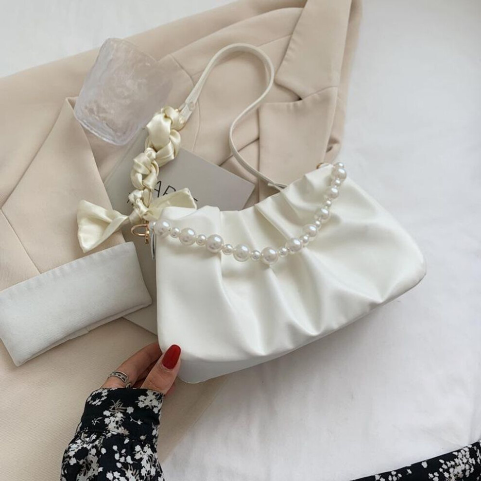 (white, 25x7x14cm) Yogodlns Fashion Pleated Crossbody Shoulder Bag Fashion Cloud PU Leather Small Handbags Purse Women Pearl Luxury Design Underarm Bags