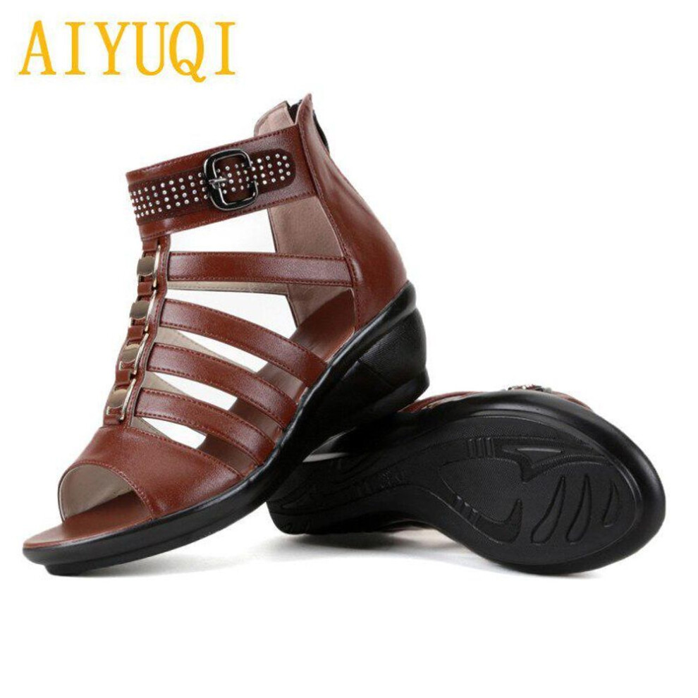 (brown, 39) AIYUQI women sandals  summer  women genuine leather sandals rhinestones Roman sandals ladies mother