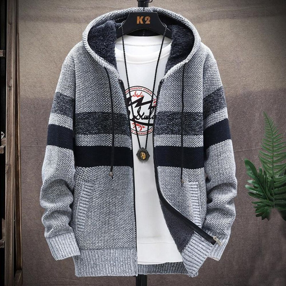 Lenovo (Grey, M) Cardigan Men Sweaters Coats Winter Fleece Knitted Sweater Jacket Warm Zipper Wool Hooded Cardigan