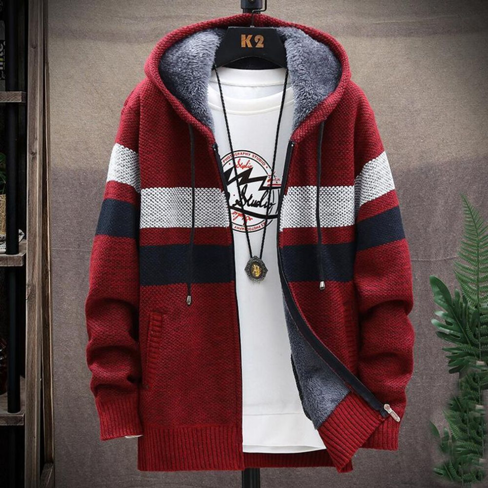 Lenovo (Wine Red, 4XL) Cardigan Men Sweaters Coats Winter Fleece Knitted Sweater Jacket Warm Zipper Wool Hooded Cardigan